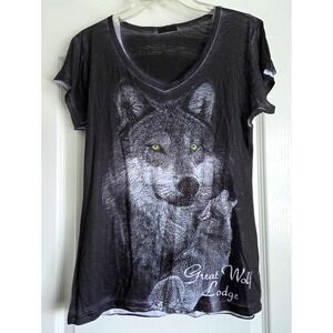 Sweet Gisele NY Great Wolf Lodge Graphic Bedazzle‎ T-Shirt Grey V-Neck Sz M